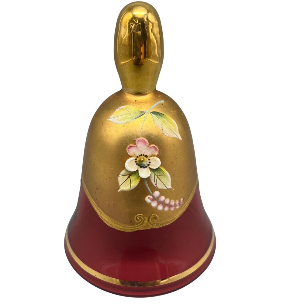 Vintage Bohemian Cranberry Glass Bell with Gold Overlay and Hand Painted Florals
